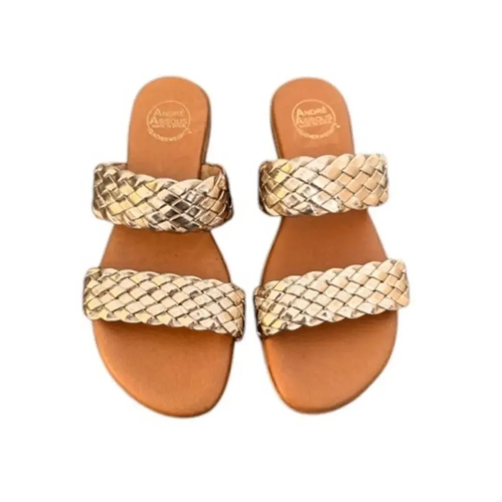 Andre Assous Naria Gold Woven Leather Slides Sz 10 Made Spain NWT $129